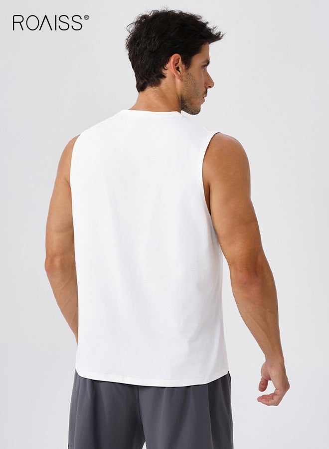 roaiss Men's Sleeveless Athletic Tank Top, Loose Fit Quick Dry Workout Shirt, Moisture Wicking Antibacterial Polyester Muscle Tank with UPF 50+ Sun Protection, Breathable Soft Stretch Sportswear for Gym, Running, Training, Summer Sports, White - Image 2